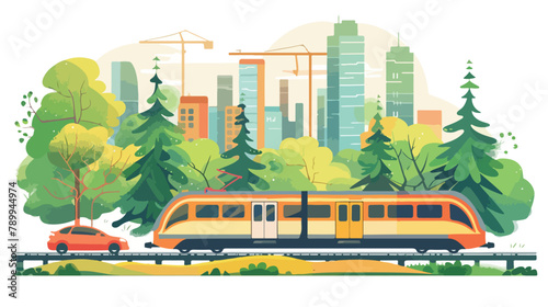 Train on railway and car with forest and city. Vector