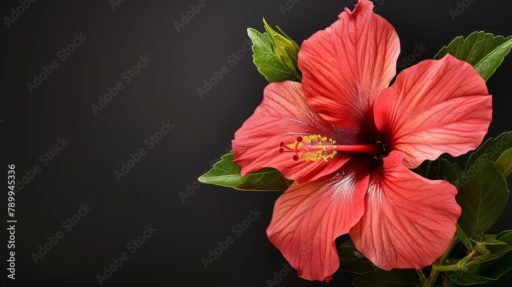 A red flower with green leaves at the base, against a black backdrop A red flower with green leaves at the base, against a black backdrop