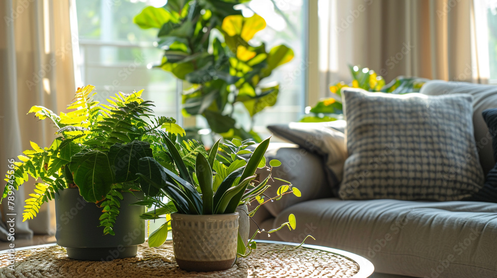 A cozy living room decorated with houseplants, creating a soothing and refreshing indoor environment filled with natural beauty