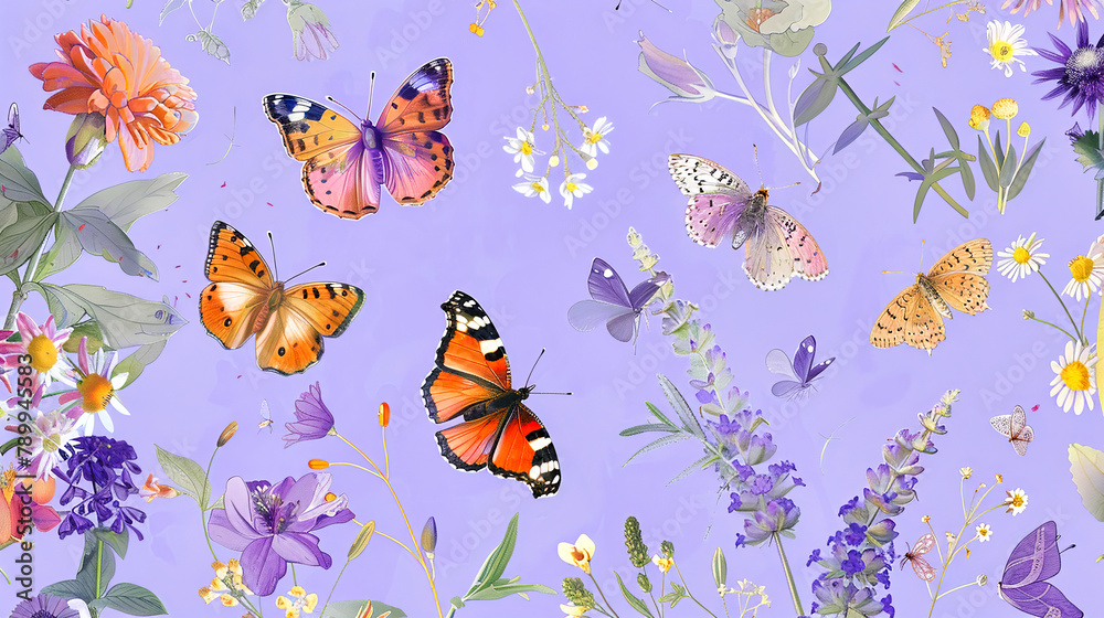 A whimsical drawing of various butterflies dancing around spring flowers, presented on a solid lavender background to enhance their colors
