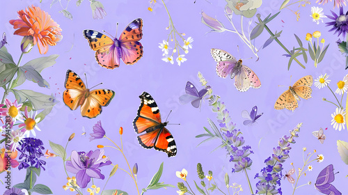 A whimsical drawing of various butterflies dancing around spring flowers  presented on a solid lavender background to enhance their colors