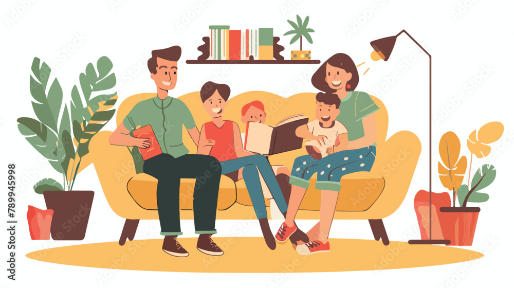 Smiling family on sofa in the living room. Vector fla