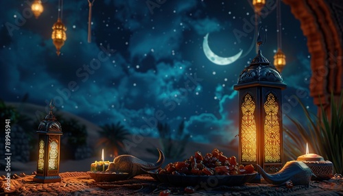 Ramadan dates on the table with Arabic lanterns. Created with Ai technology.