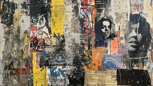 Mixed media art piece displaying a collage of urban textures, graffiti, and classical painting techniques, rich in detail and contrast