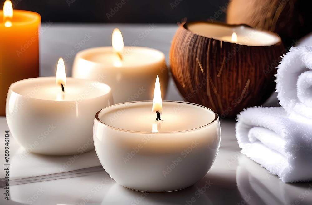 A candle in a coconut against a background of white towels. The concept of relaxation in the spa and cozy ambience in the bathroom A candle in a coconut against a background of white towels. The concept of relaxation in the spa and cozy ambience in the bathroom