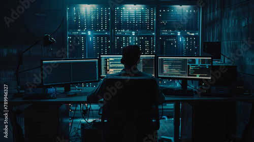 Network Technician Overseeing Server Activity in a Dimly Lit Data Center