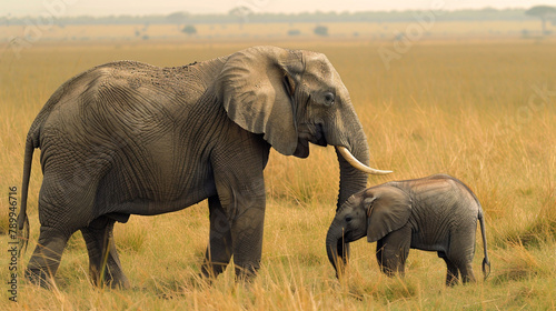A mother elephant tenderly caring for her calf in the heart of the African savanna  showcasing the bond between parent and offspring in the animal kingdom