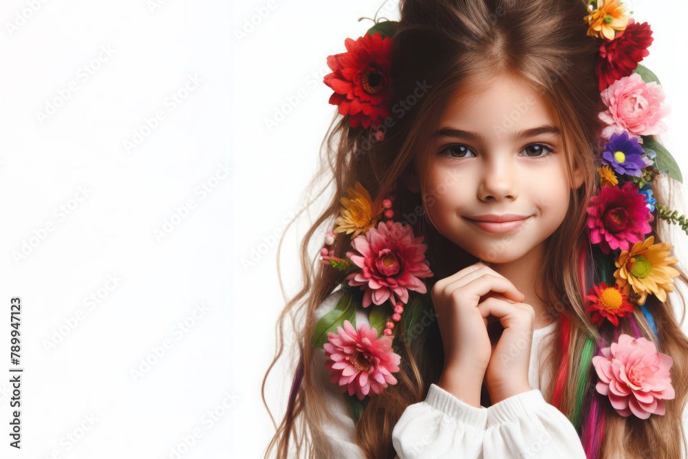 kid girl with colorful flowers in her long hair, love and emotion concept isolated on white background