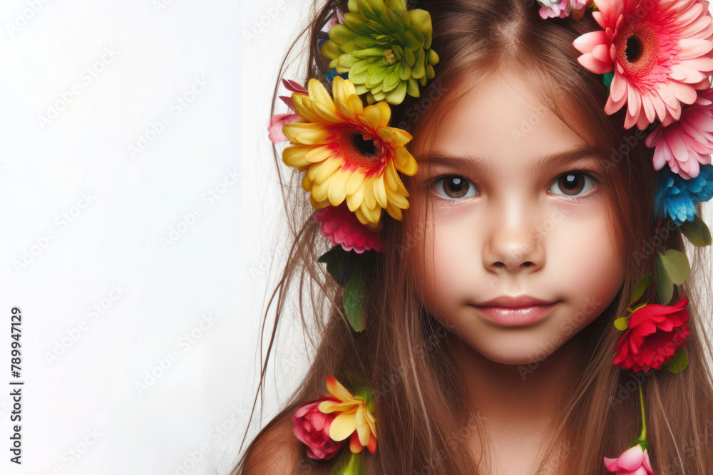 kid girl with colorful flowers in her long hair, love and emotion concept isolated on white background kid girl with colorful flowers in her long hair, love and emotion concept isolated on white background