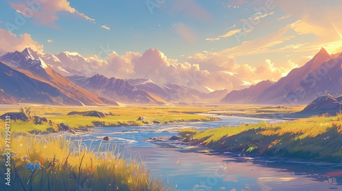 A picturesque scene unfolds as the sun sets behind towering mountains casting a warm glow on the grassy river bank in a 2d illustration