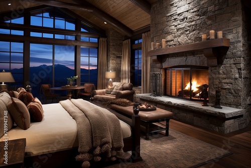 Stone Fireplace Heaven: Cozy Mountain Lodge Bedroom Inspirations - Plush Seating Finery photo