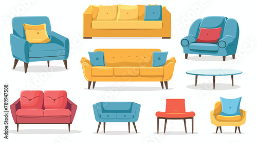 Sofa and chair sets and home accessories.Vector flat