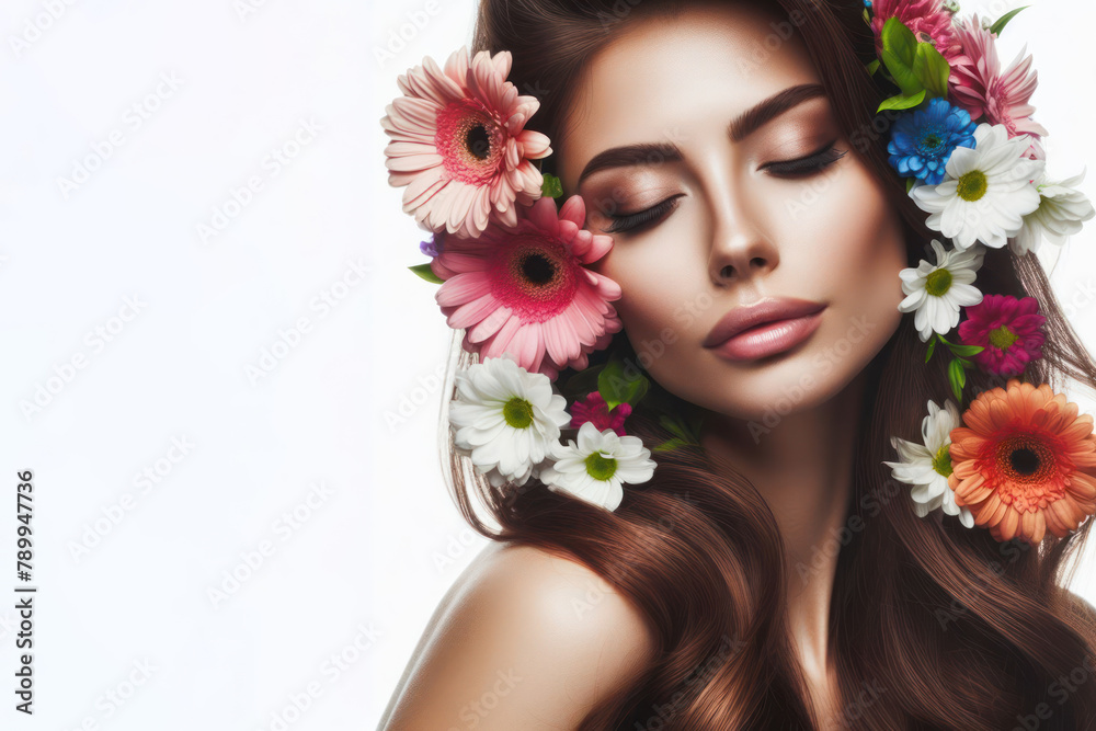 Woman with colorful flowers in her long hair, love and emotion concept isolated on white background