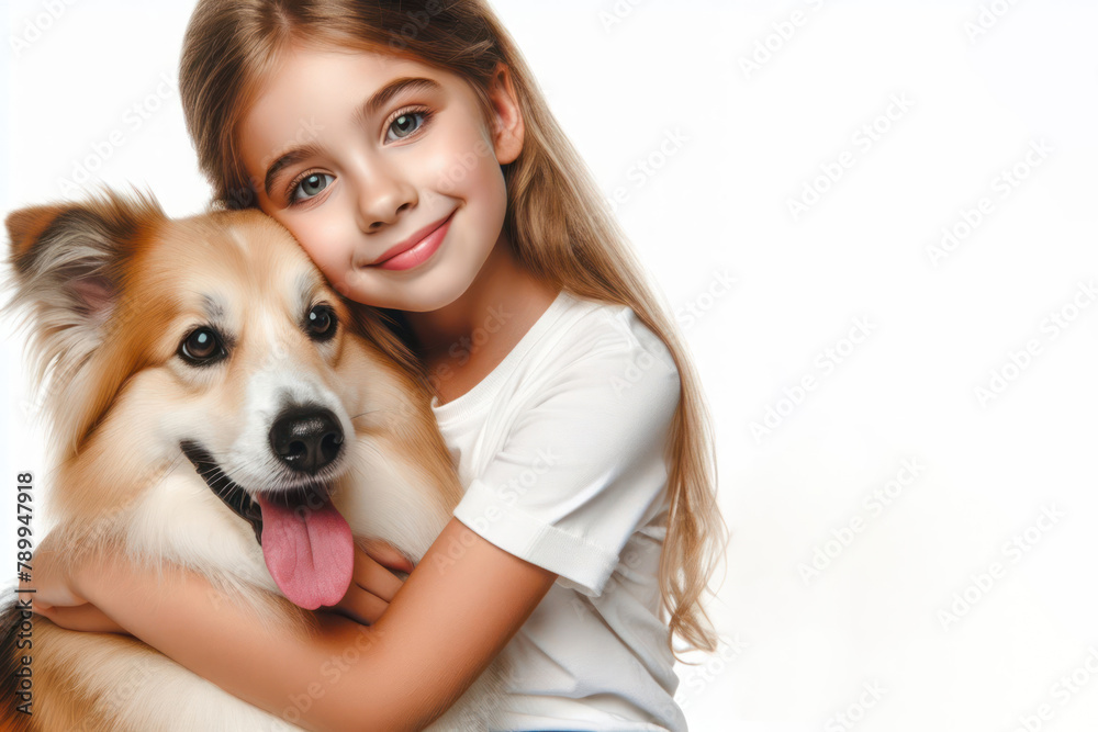 A beautiful kid lovingly embraces her pet dog isolated on a white background A beautiful kid lovingly embraces her pet dog isolated on a white background