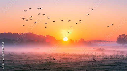 A tranquil sunrise over a tranquil countryside, with mist rising from the fields and birds singing in the distance, creating a sense of peace and serenity photo