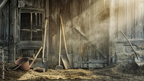 Rustic arrangement of a rake, shovel, and hoe against an old barn door, framed by morning mist, portraying the start of a fruitful gardening day photo
