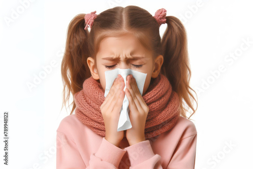 allergic sick kid blowing her nose with a handkerchief and sneezing isolated on a white background