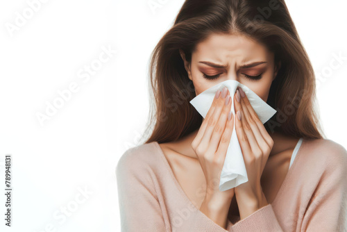 allergic sick young woman blowing her nose with a handkerchief and sneezing on a white background photo