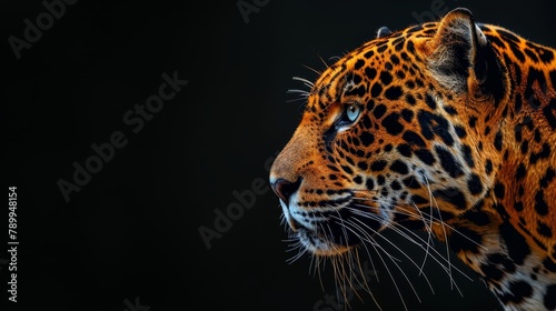   A tight shot of a leopard s face against a black backdrop  the background subtly blurred