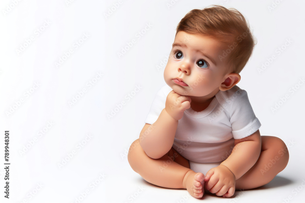 Baby in Thoughtful Posture isolated on a white background Baby in Thoughtful Posture isolated on a white background