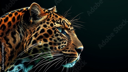   A tight shot of a leopard s face against a black backdrop  its head slightly blurred