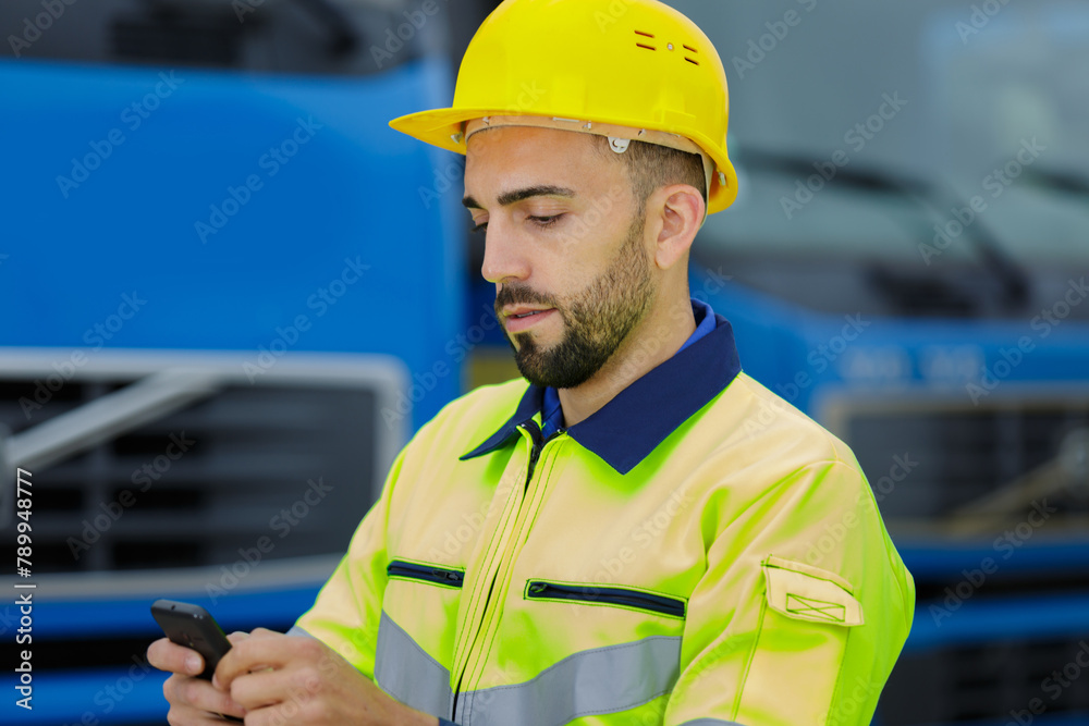 industrial worker texting on his cellphone industrial worker texting on his cellphone