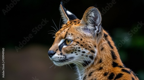   A cat's face, tightly framed, with trees and a blurred background of distant foliage photo