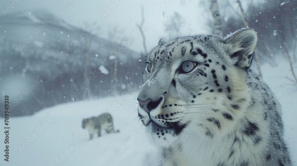 Obraz premium A snow leopard poses in a snow-blanketed field, flanked by two distant animals, and framed by trees behind