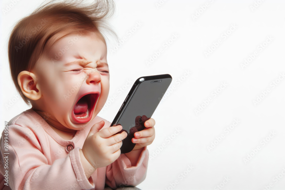 A baby screams emotionally into her smartphone isolated on a white background A baby screams emotionally into her smartphone isolated on a white background
