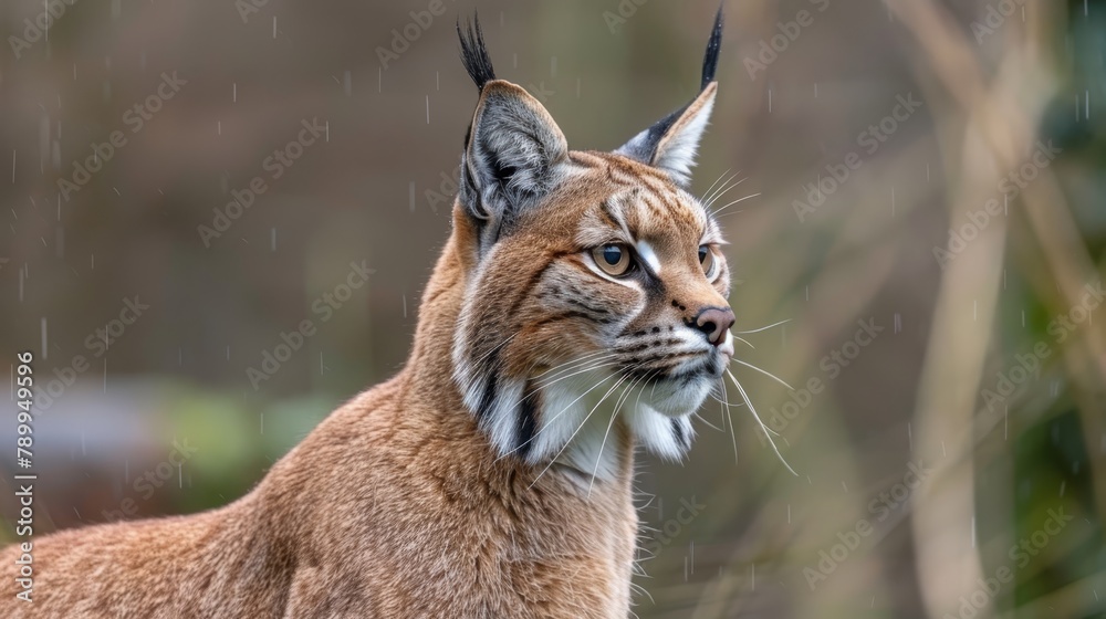 A tight shot of a feline on a grassy expanse, with a tree looming behind—rain cascading down on all A tight shot of a feline on a grassy expanse, with a tree looming behind—rain cascading down on all