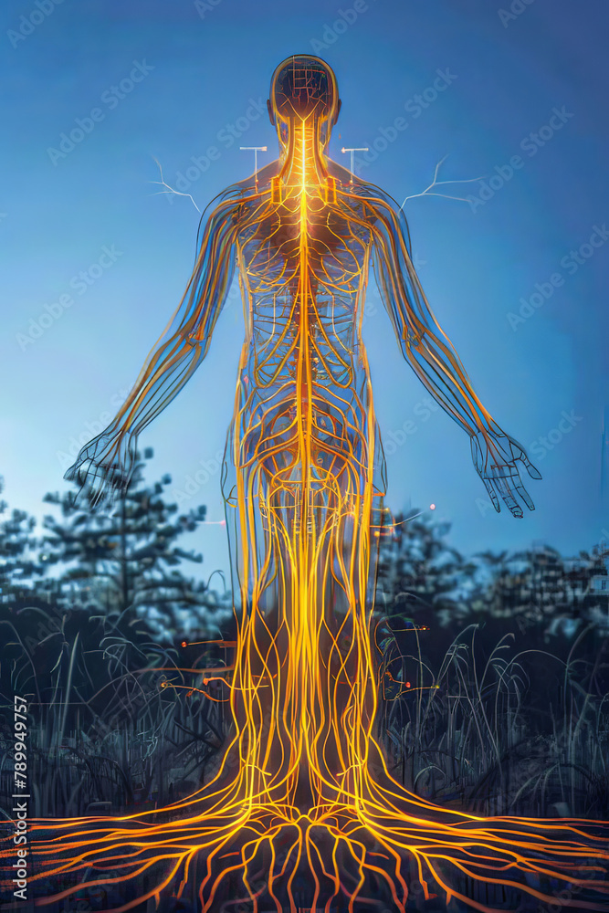 Nervous System Back View - Blue and yellow abstract illustration