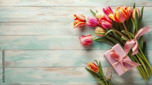 orange tulips bouquet set against a white wooden backdrop with ample space for text #789950180