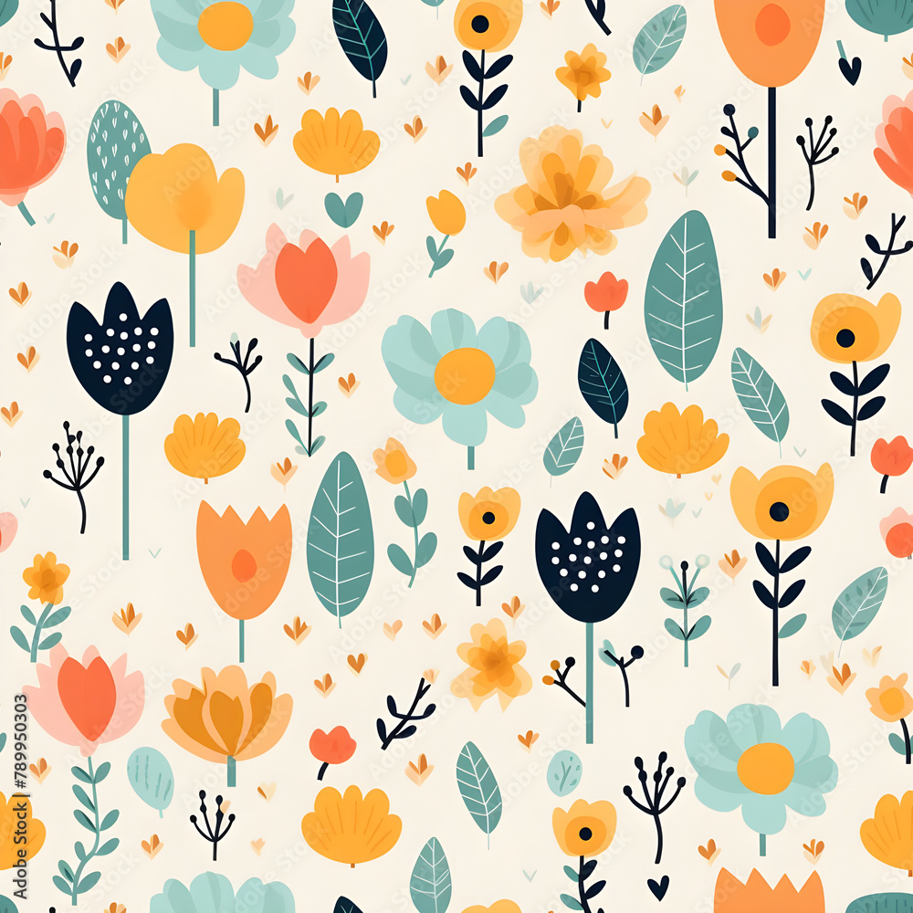 Colorful floral pattern with leaves and flowers platten Sameless Background