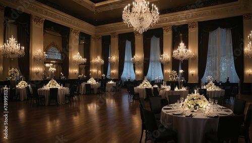 A luxurious reception in a large ballroom with crystal chandeliers and set tables photo