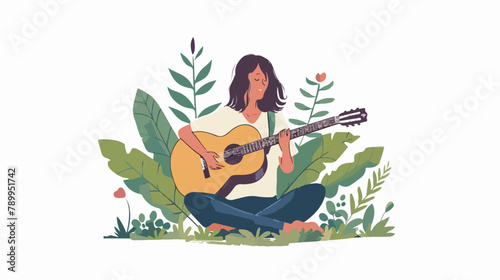 Music and creativity. woman in t-shirt playing on aco photo
