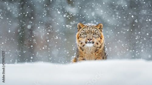  A snow leopard sits in a snow-covered field, surrounded by trees in the background, with snowflakes falling gently onto the ground