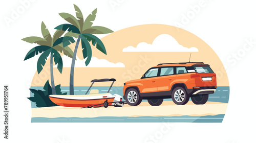 SUV car with a driver tows a trailer with a boat agai