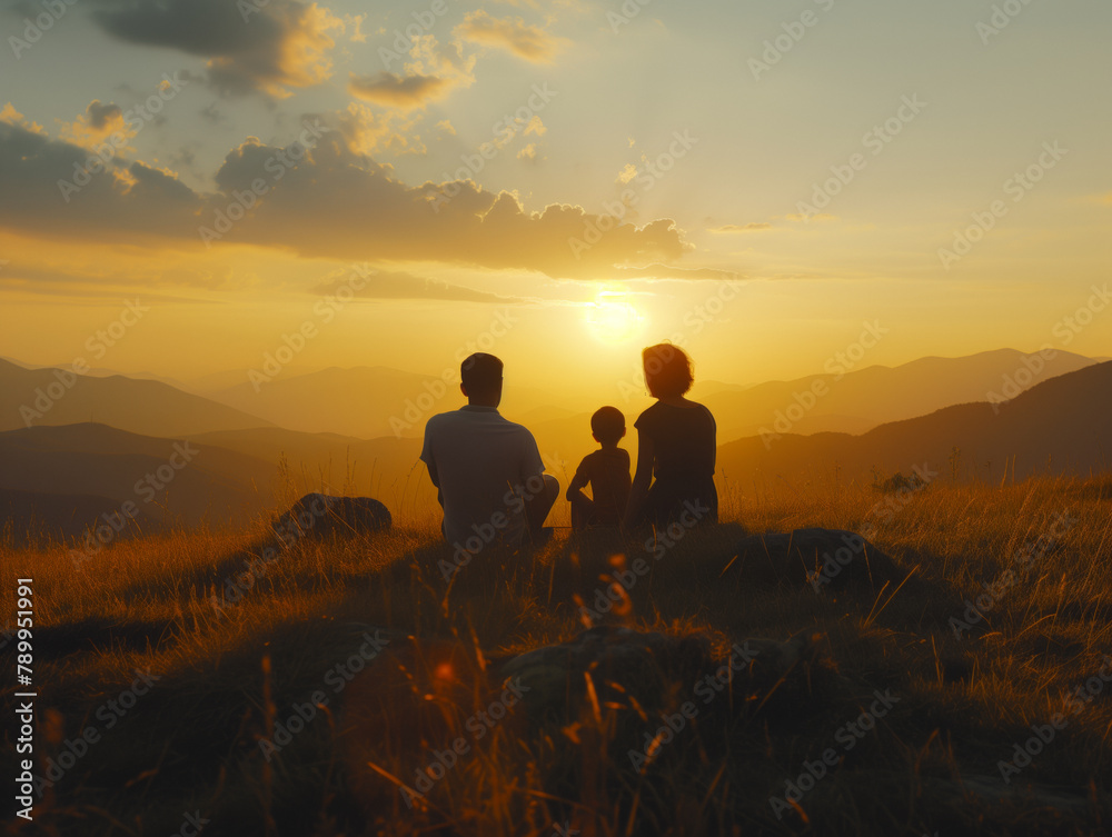 AI generated image of young parents with their kid enjoying beautiful mountain sunset. Evening bliss: Family and child silhouettes sit, unwinding at sunset