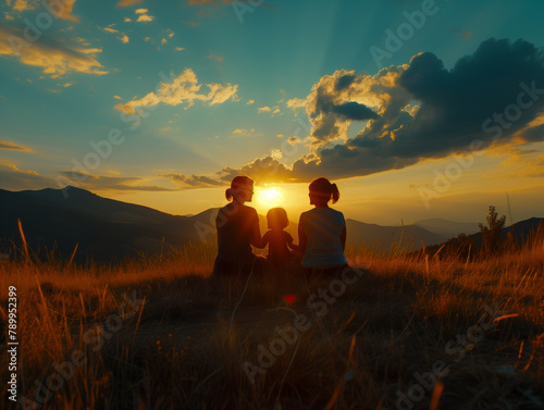 AI generated image of lesbian couple with child enjoying vacation in nature  Female couple s bond  Same-sex parents express love and affection  portraying the strength of LGBT families