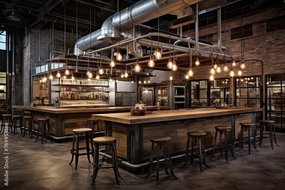 Industrial Chic Brewery Kitchen Designs: Rustic Wood Cabinets, Brewery Decor, and Stylish Industrial Lighting