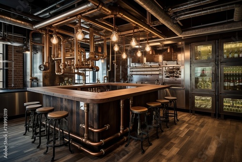 Industrial Chic Brewery Kitchen Designs: Exposed Pipes and Rustic Wood Cabinets