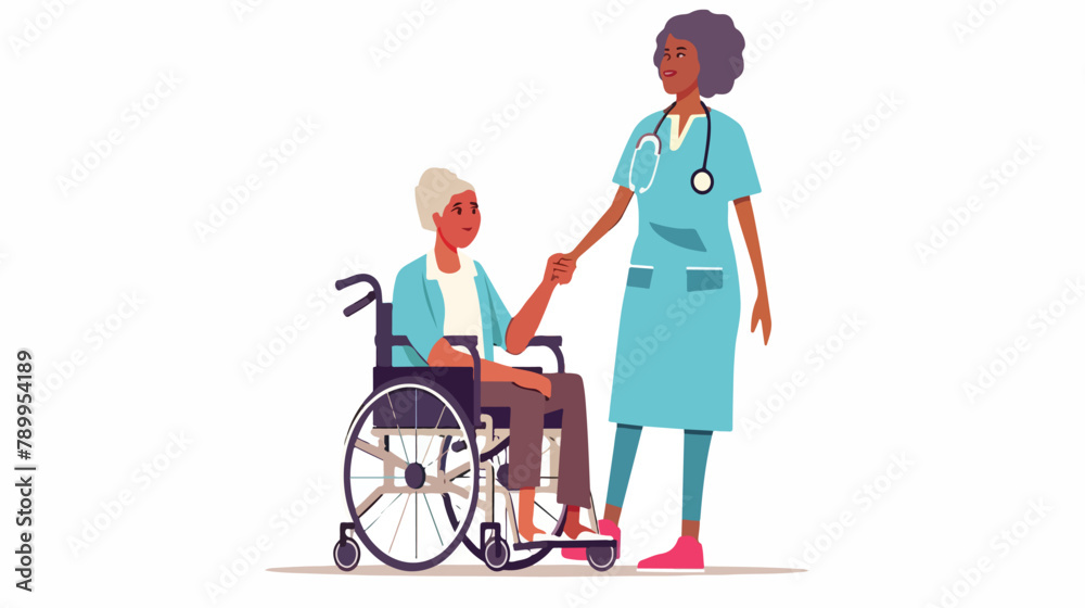 Nurse strolling with elder grey haired afro american