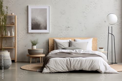 Lunar Tranquility  Minimalist Bedroom Decors with Lunar-Inspired Throw Pillows  Sleek Furniture  and Monochromatic Scheme