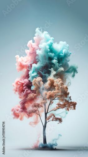 Colorful pink and blue smoke around a burning tree. Minimal pastel smoky design. Life and growth creative concept.