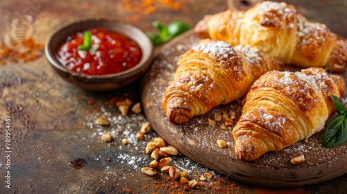  A couple of croissants atop a cutting board, near a bowl of ketchup