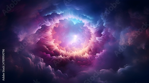  Explore the enigmatic beauty of a 3D-rendered abstract cloud aglow with neon light, encircled by a captivating ring of illumination against a backdrop of velvety night, captured in breathtaking