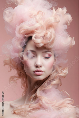 Surreal portrait of a beautiful woman with natural glam pastel pink makeup and futuristic hairstyle. Artistic professional hair and makeup aesthetic.