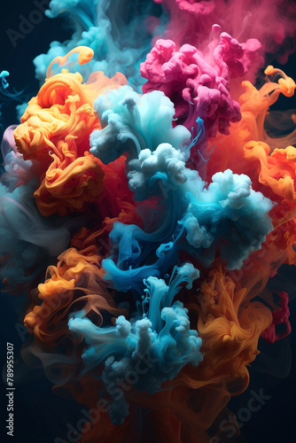 Explosion of pastel colored smoke against dark background. Colorful smoke design. Chemistry lab concept.