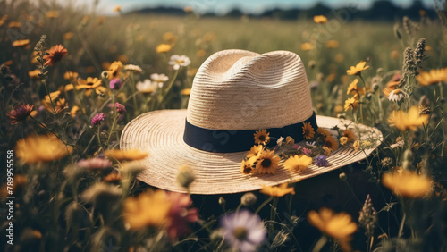 Vintage straw hat with a black ribbon lying in a floral meadow with colorful wild flowers. Spring and summer fashion aesthetic. Bright sunny day concept.