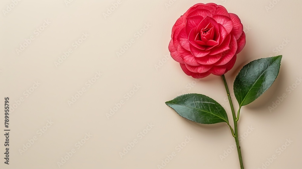 Fototapeta premium A solitary red rose atop a green stem against a beige backdrop, surrounded by a leaf